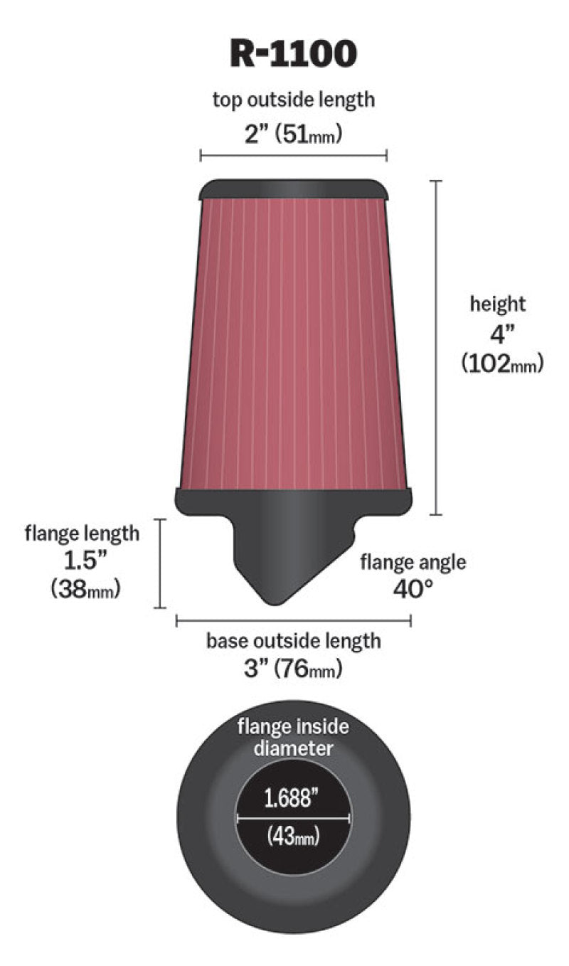 K&N Universal Rubber Filter Round Tapered 3in Base OD x 2in Top OD x 4in H - 73-78 Honda ATC90-SR1 Performance