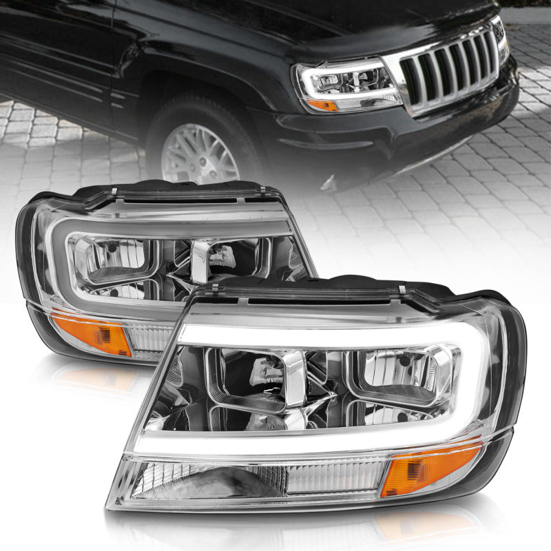 ANZO 1999-2004 Jeep Grand Cherokee Crystal Headlights w/ Light Bar Chrome Housing-SR1 Performance