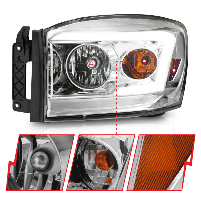 Anzo 06-09 Dodge RAM 1500/2500/3500 Headlights Chrome Housing/Clear Lens (w/ Light Bars)-SR1 Performance