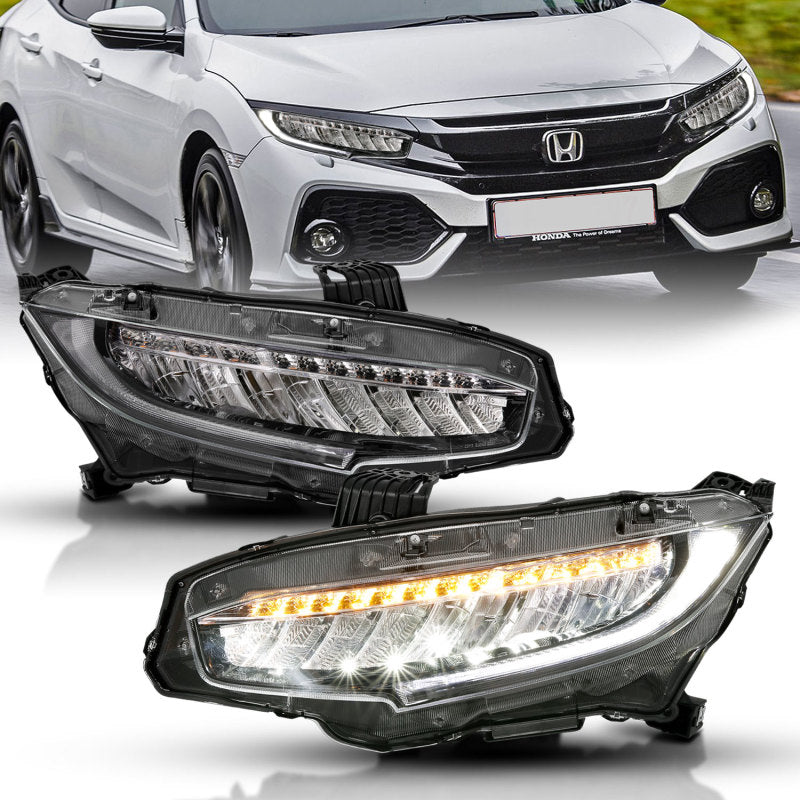 ANZO 16-17 Honda Civic Projector Headlights Plank Style Black w/Amber/Sequential Turn Signal-SR1 Performance