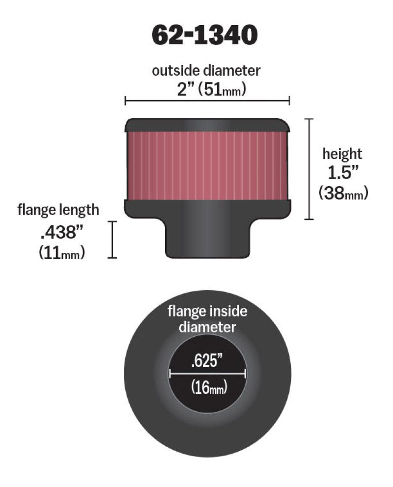 K&N 0.625 inch ID 2 inch OD 1.5 inch H Clamp On Crankcase Vent Filter-SR1 Performance