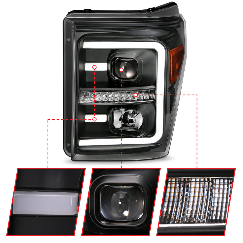 ANZO 2011-2016 Ford F250 Projector Headlights w/ Plank Style Switchback Black w/ Amber-SR1 Performance