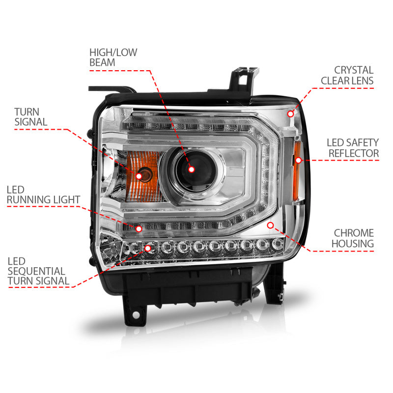 ANZO 2014-2015 Gmc Sierra 1500 Projector Headlights w/ Light Bar Chrome Housing (Halogen Type)-SR1 Performance