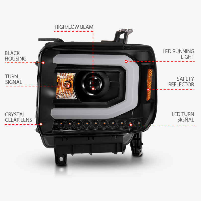 ANZO 2014-2015 GMC Sierra 1500 Projector Headlights w/ Light Bar Black Housing (Halogen Type)-SR1 Performance