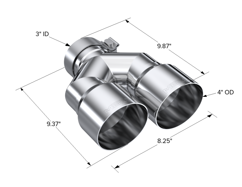MBRP 3in ID / Dual 4in OD Out Staggered L 9.37in / R 9.87in Single Wall T304 SS Univ Exhaust Tip-SR1 Performance