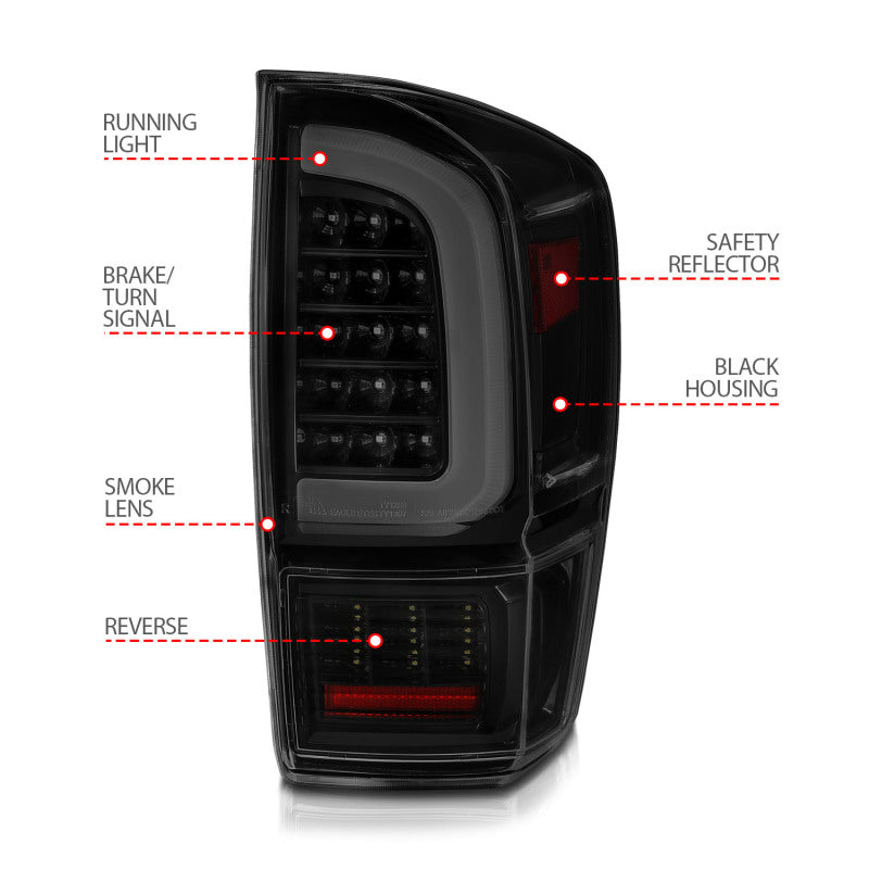ANZO 16-21 Toyota Tacoma LED Tail Lights - w/ Light Bar Sequential Black Housing & Smoke Lens-SR1 Performance