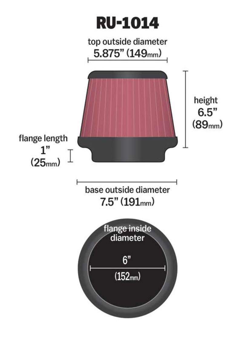 K&N Universal Tapered Filter 6in Flange ID x 7.5in Base OD x 5.875in Top OD x 6.5in Height-SR1 Performance