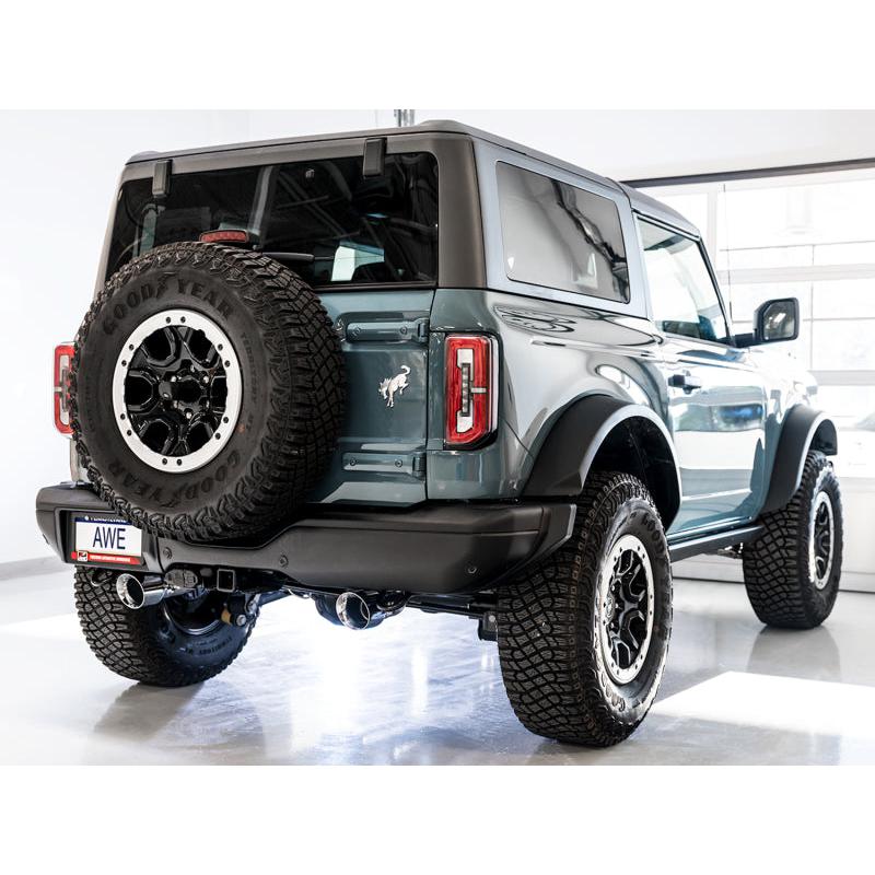 AWE Tuning 2021+ Ford Bronco 0FG Dual Rear Exit Exhaust w/Chrome Silver Tips & Bash Guard-SR1 Performance