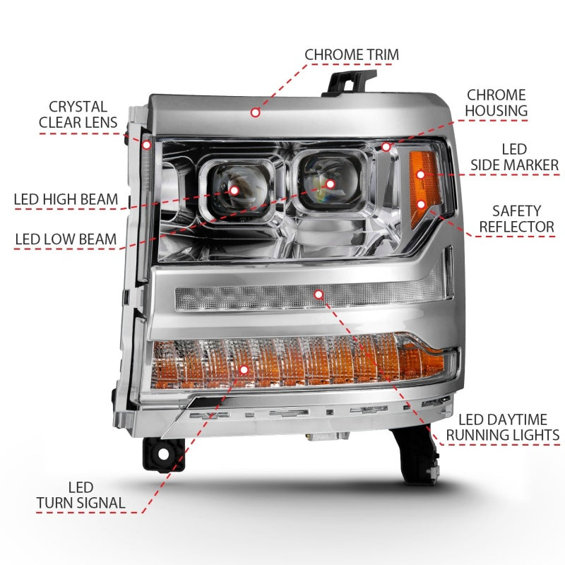 ANZO 16-18 Chevrolet Silverado 1500 LED Projector Headlights w/Plank Style Switchback Chrome w/Amber-SR1 Performance