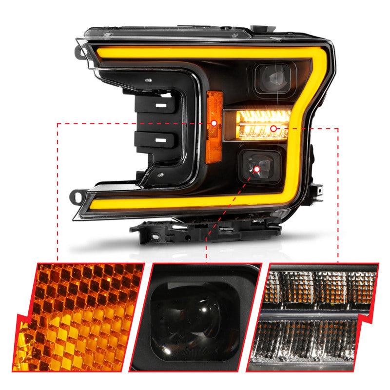 ANZO 18-20 Ford F-150 (w/o Fctry LED) Full LED Proj Headlights w/Light Bar Swtchbk Seq. Black w/Init-SR1 Performance