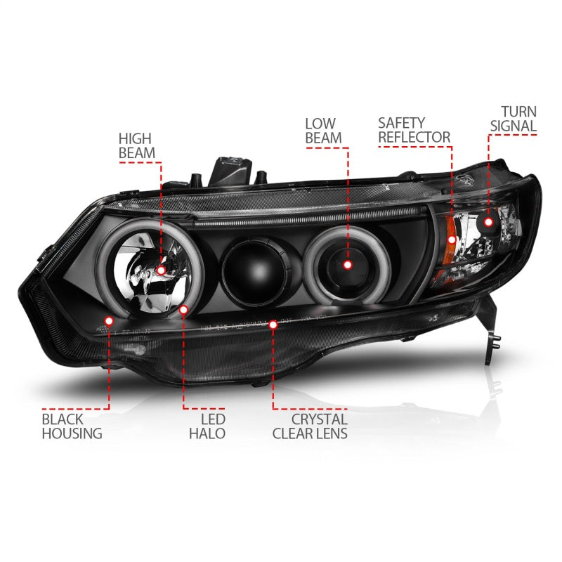 ANZO 2006-2011 Honda Civic Projector Headlights w/ Halo Black (CCFL)-SR1 Performance