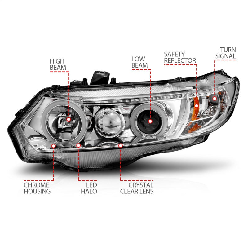 ANZO 2006-2011 Honda Civic Projector Headlights w/ Halo Chrome (CCFL)-SR1 Performance