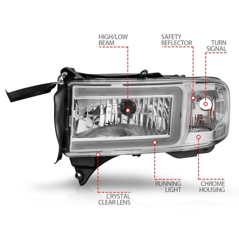 ANZO 94-02 Dodge RAM Crystal Headlight - w/ Light Bar Chrome Housing-SR1 Performance