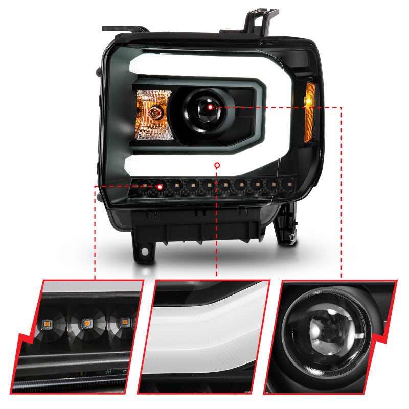 ANZO 2014-2015 GMC Sierra 1500 Projector Headlights w/ Light Bar Black Housing (Halogen Type)-SR1 Performance