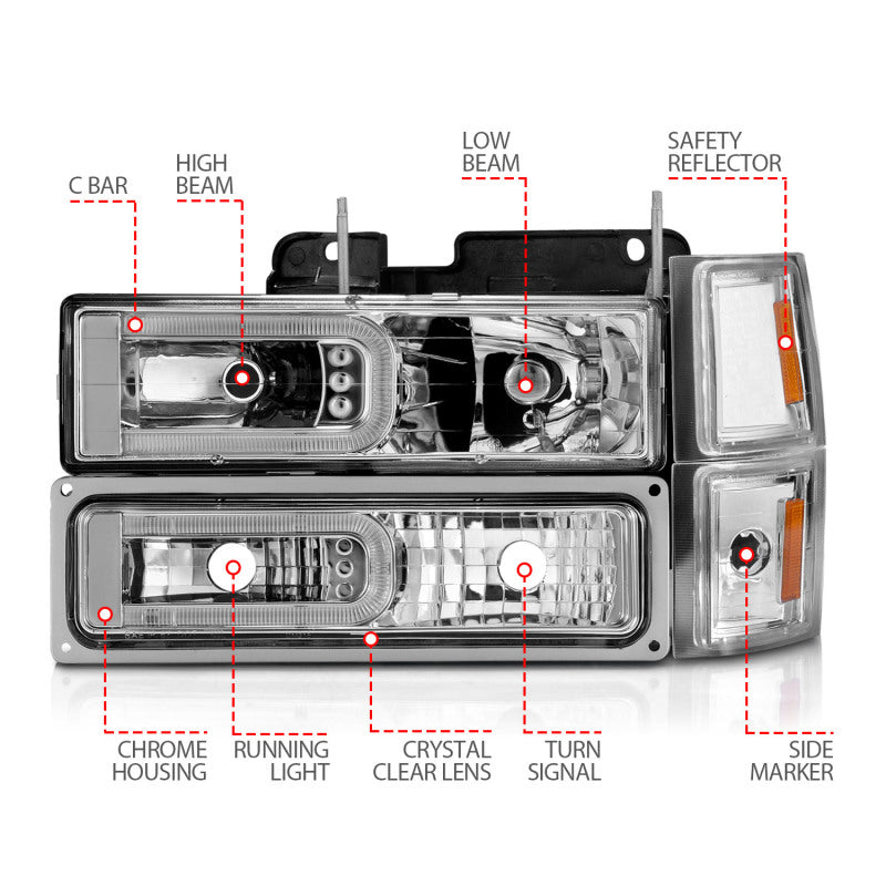 ANZO 88-98 Chevrolet C1500 Crystal Headlight Set with Light Bar and Signal Side Markers – Chrome Housing, Clear Lens, 2-Piece Pair