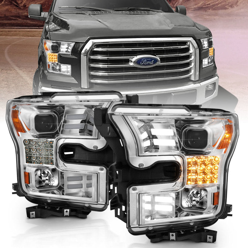 ANZO 15-17 Ford F-150 Proj Headlights w/ Plank Style Design Chrome w/ Amber Sequential Turn Signal-SR1 Performance