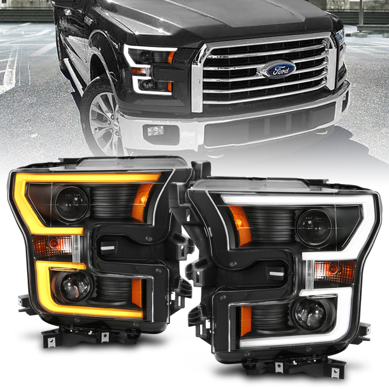 ANZO 2015-2017 Ford F-150 Projector Headlights w/ Plank Style Switchback Black w/ Amber-SR1 Performance