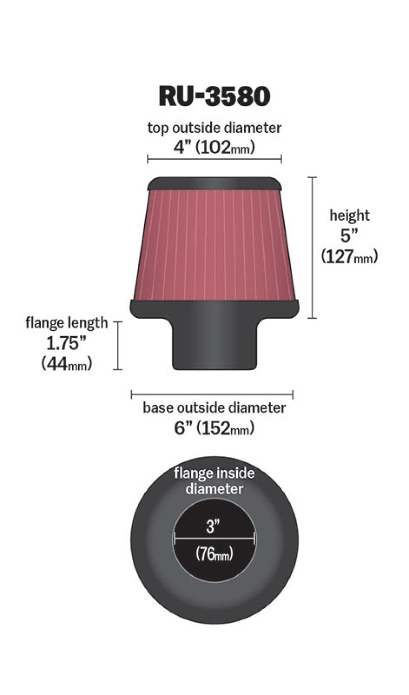K&N Filter Universal Rubber Filter 3 Inch Flange 6 inch Base 4 inch Top 5 inch Height-SR1 Performance