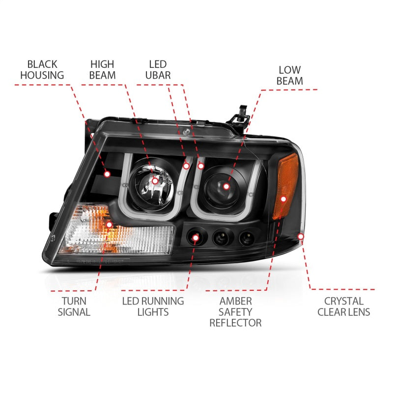 ANZO 2004-2008 Ford F-150 Projector Headlights w/ U-Bar Black-SR1 Performance