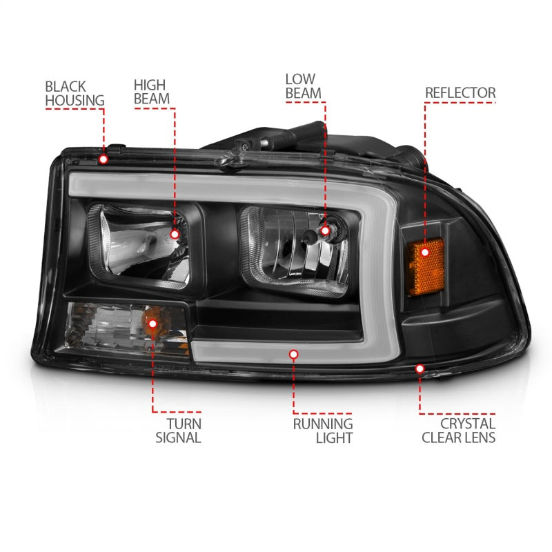 ANZO 97-04 Dodge Dakota/Durango Crystal headlight Set w/ Light Bar Black Housing-SR1 Performance