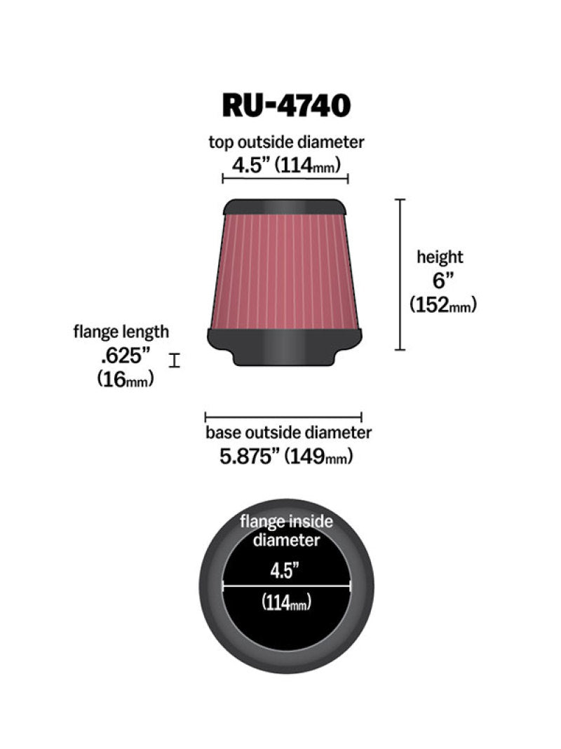 K&N Filter Universal Rubber Filter Round Tapered 4.5in Flange 5.875in Base 4.5 inch Top 6in Height-SR1 Performance