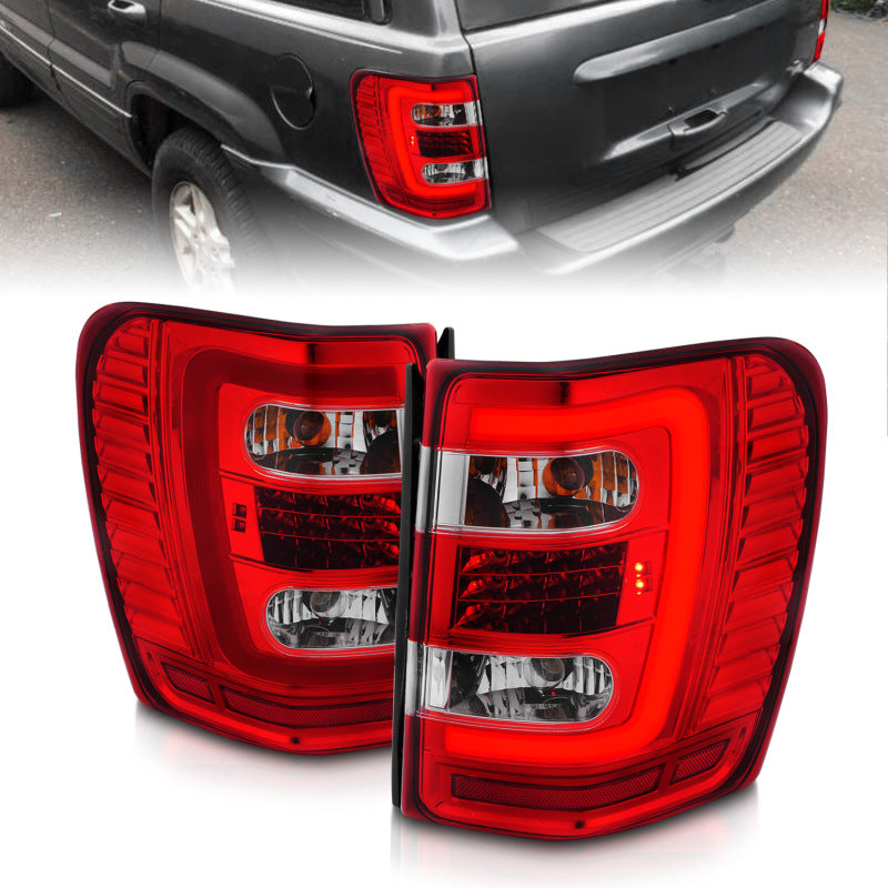 ANZO 1999-2004 Jeep Grand Cherokee LED Tail Lights w/ Light Bar Chrome Housing Red/Clear Lens-SR1 Performance