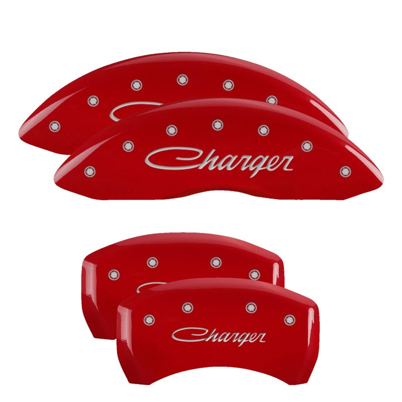 MGP 4 Caliper Covers Engraved Front & Rear Cursive/Charger Red finish silver-SR1 Performance