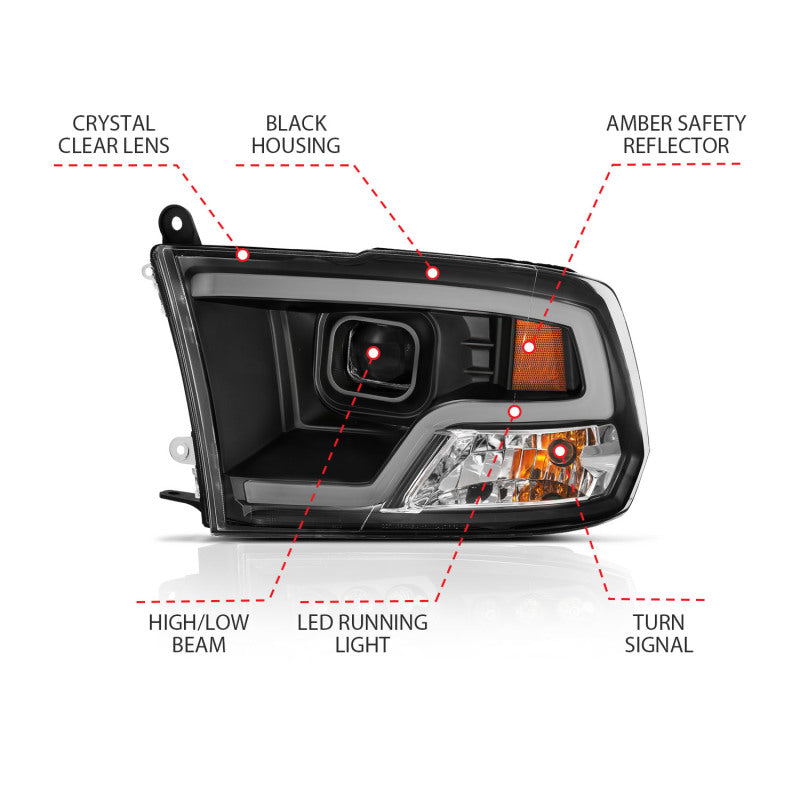 ANZO 09-18 Dodge Ram 1500 Plank Style Projector Headlights with Halo in Black