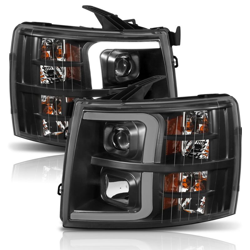 ANZO 07-13 Chevrolet Silverado 1500 Plank Style Projector Headlights Black w/ Amber-SR1 Performance