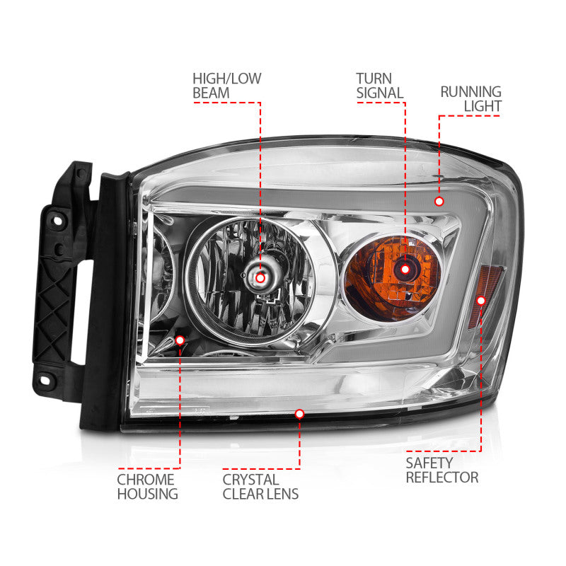 Anzo 06-09 Dodge RAM 1500/2500/3500 Headlights Chrome Housing/Clear Lens (w/Switchback Light Bars)-SR1 Performance