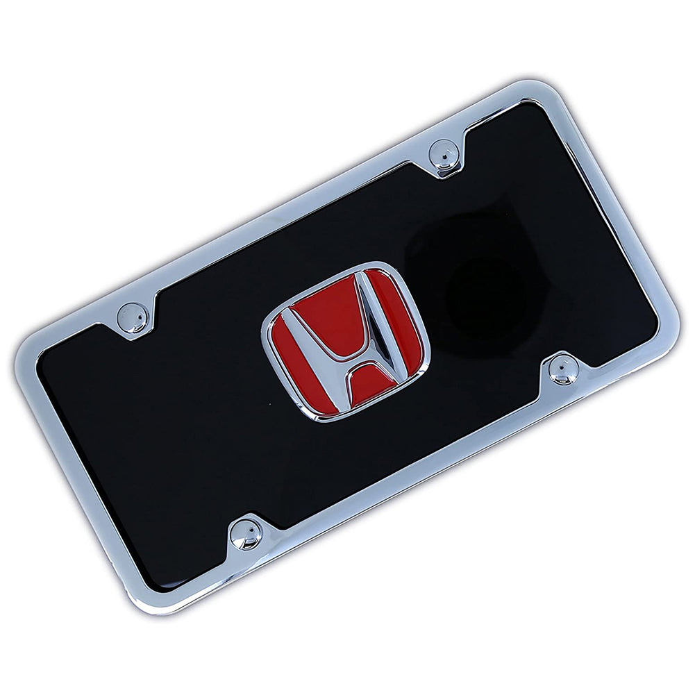 Honda Red Logo License Plate Kit - Chrome Frame on Black Acrylic Plate-SR1 Performance