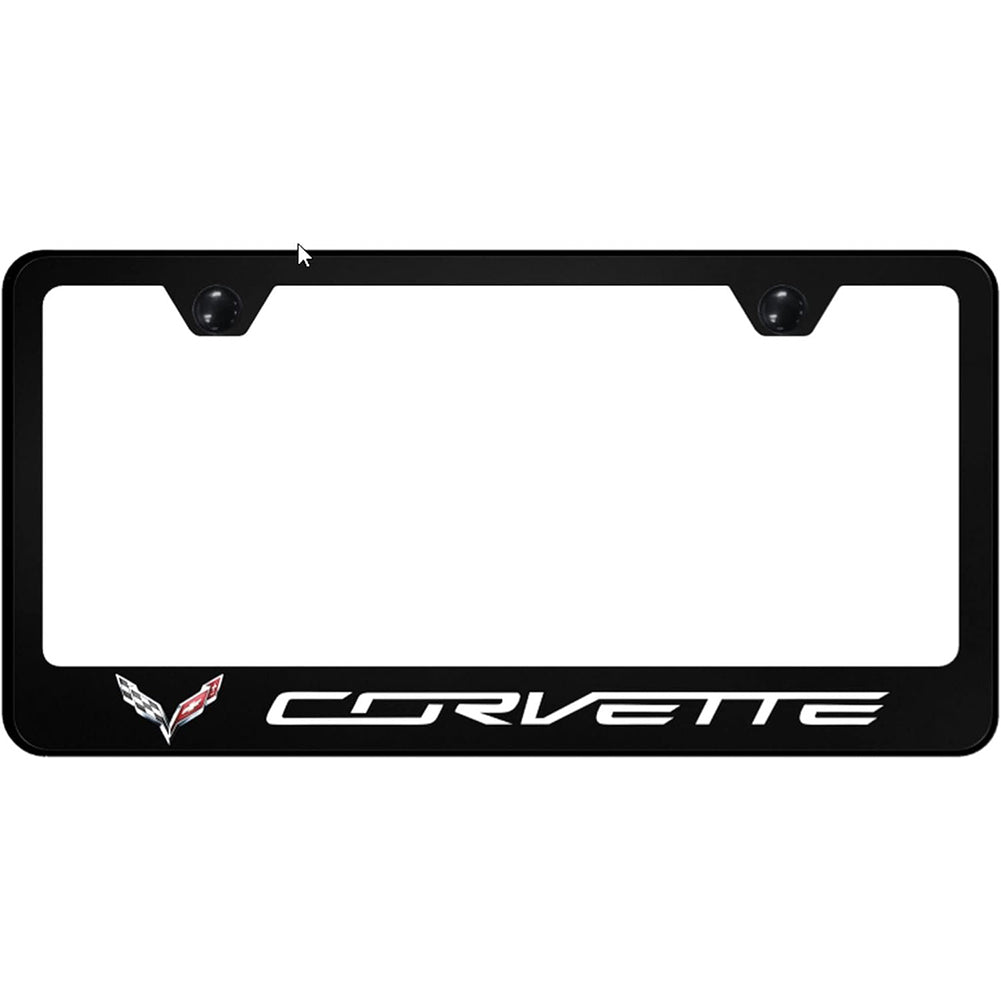 C7 Corvette License Plate Frame w/Crossed Flags Logo - Black Polycarbonate-SR1 Performance