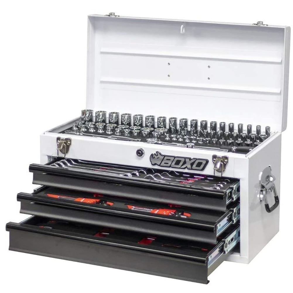 BOXO USA 133-Piece Metric Tool Set with 3-Drawer Hand Carry Toolbox - White-SR1 Performance