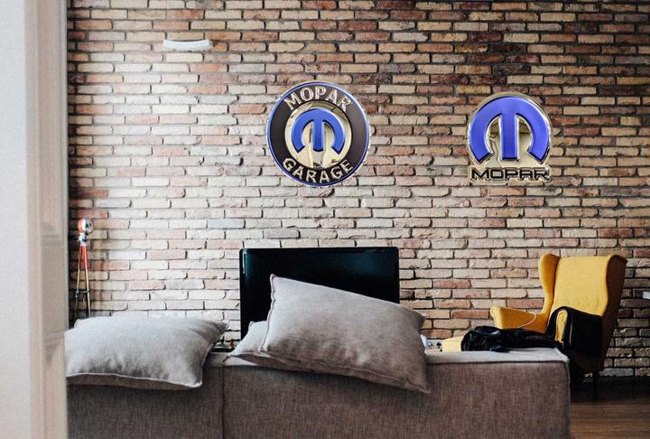 Mopar Garage Omega M Stainless Steel Wall Hanging Sign - Blue/Chrome : 22"-SR1 Performance