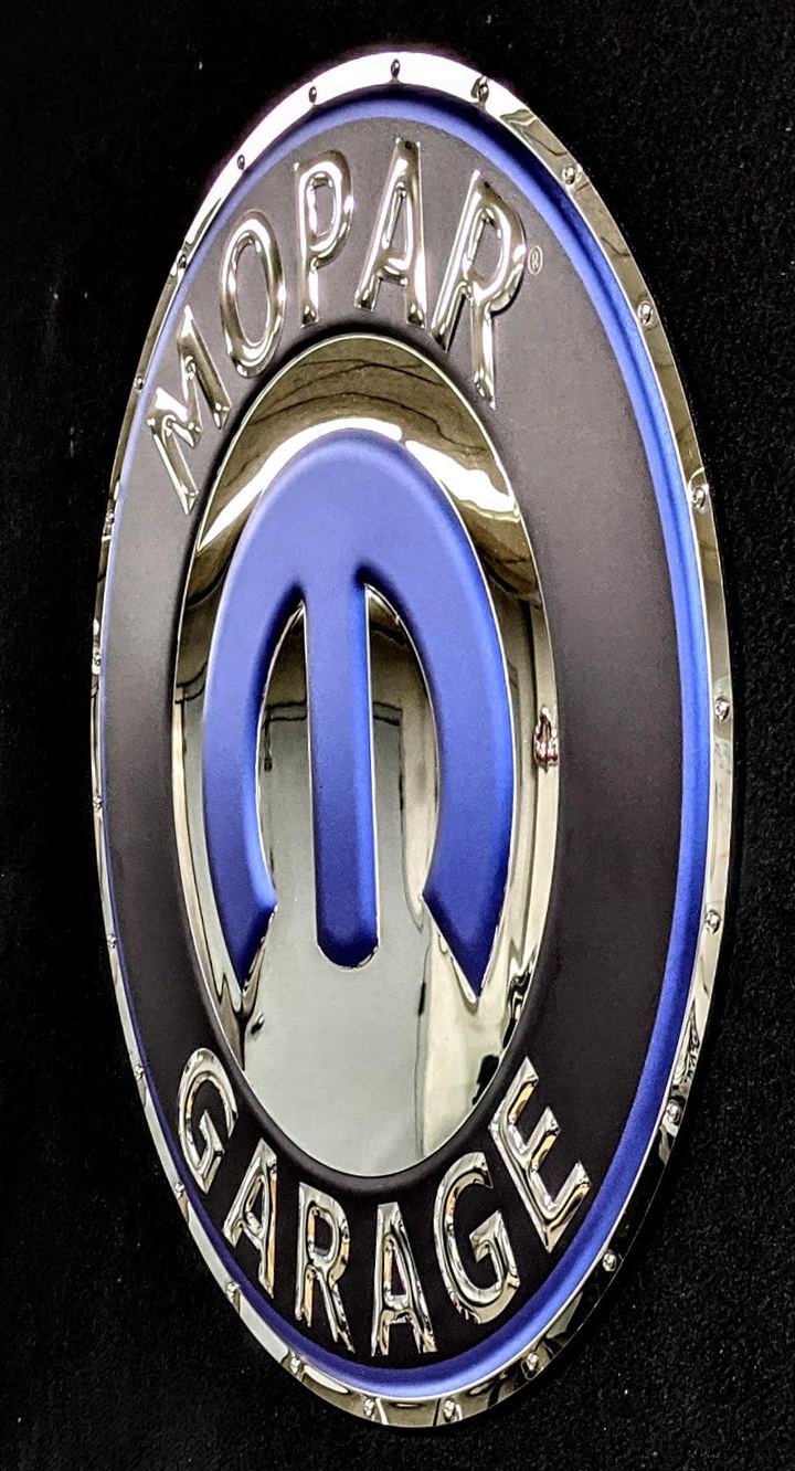 Mopar Garage Omega M Stainless Steel Wall Hanging Sign - Blue/Chrome : 22"-SR1 Performance