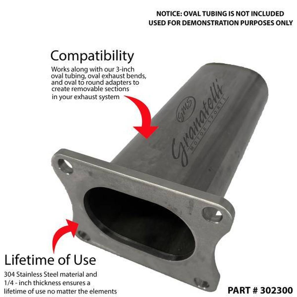 ~3-1/4″ x 2-1/4″ sized opening matches standard 3″ oval exhaust components