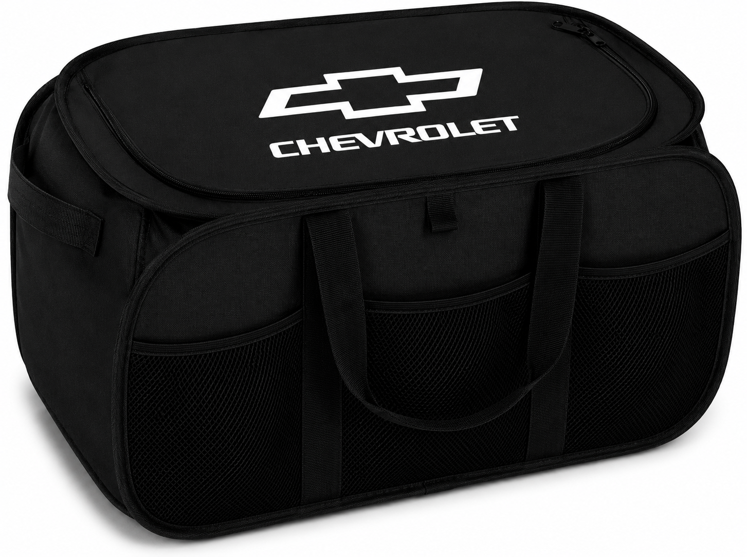 Chevrolet Trunk Organizer - Expandable Pop Up Collapsible Cargo Storage Caddy for Chevy Cars, Trucks & SUVs - Black with Bowtie Logo