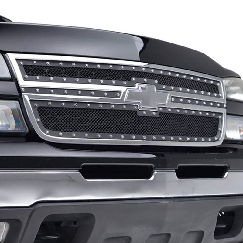 2005-2007 Chevrolet Silverado Rivet Style Black Stainless Steel 2PC Mesh Grille Insert
