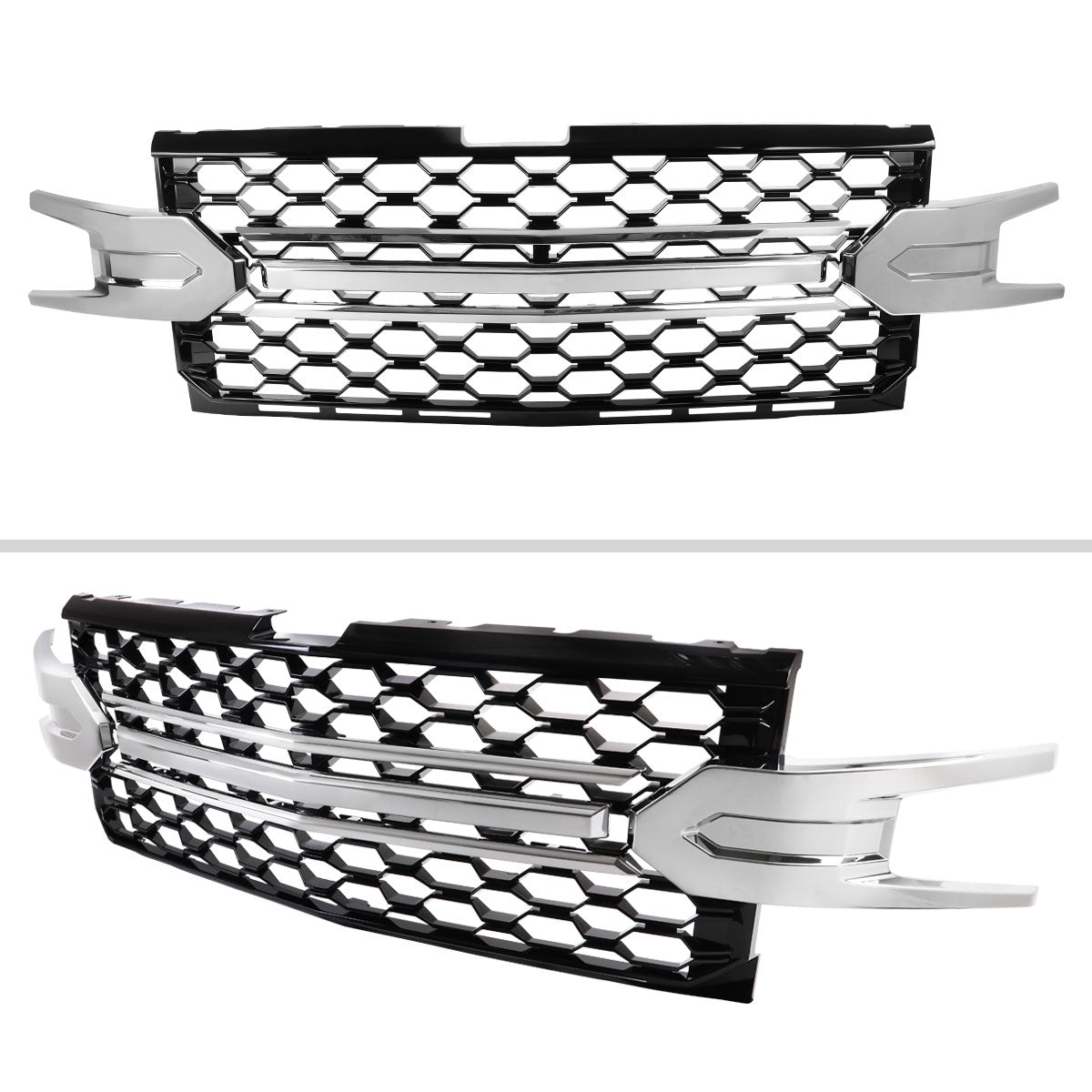 2019-2022 Chevrolet Silverado 1500 LT Glossy Black Honeycomb Hood Grille w/ Chrome Trim