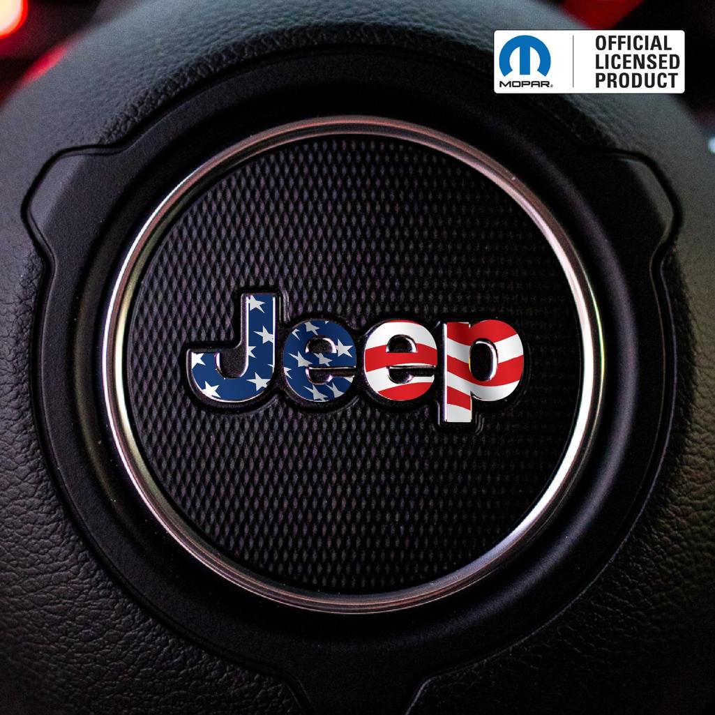 Jeep logo with American flag design on a black background, featuring Mopar branding.