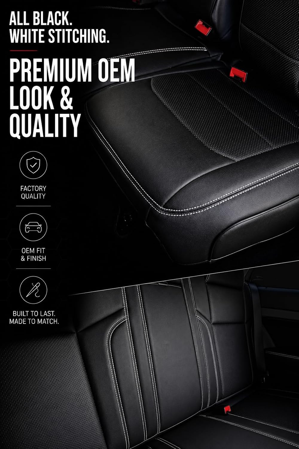 Custom Fit Seat Covers for 2015-2023 Dodge Charger – Front & Rear Set of 4, Premium Artificial Leather w/ Embroidered Logos (Performance Seats) (All Black (White Stitching))