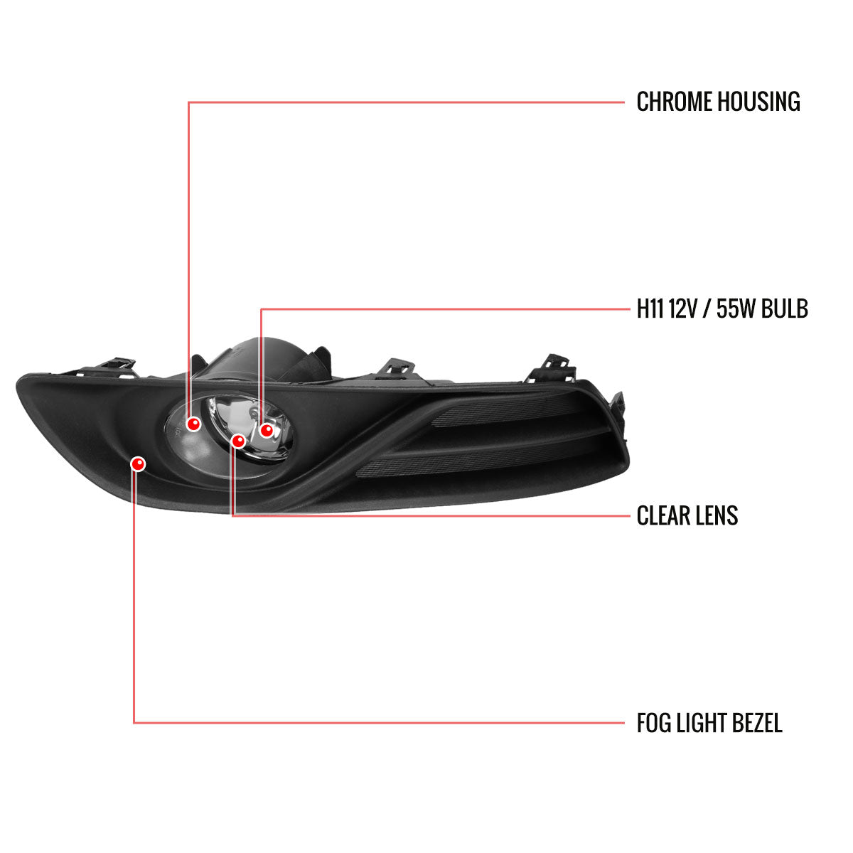 2013-2015 Nissan Sentra H11 Fog Lights Kit w/ Switch & Wiring Harness (Chrome Housing/Clear Lens)