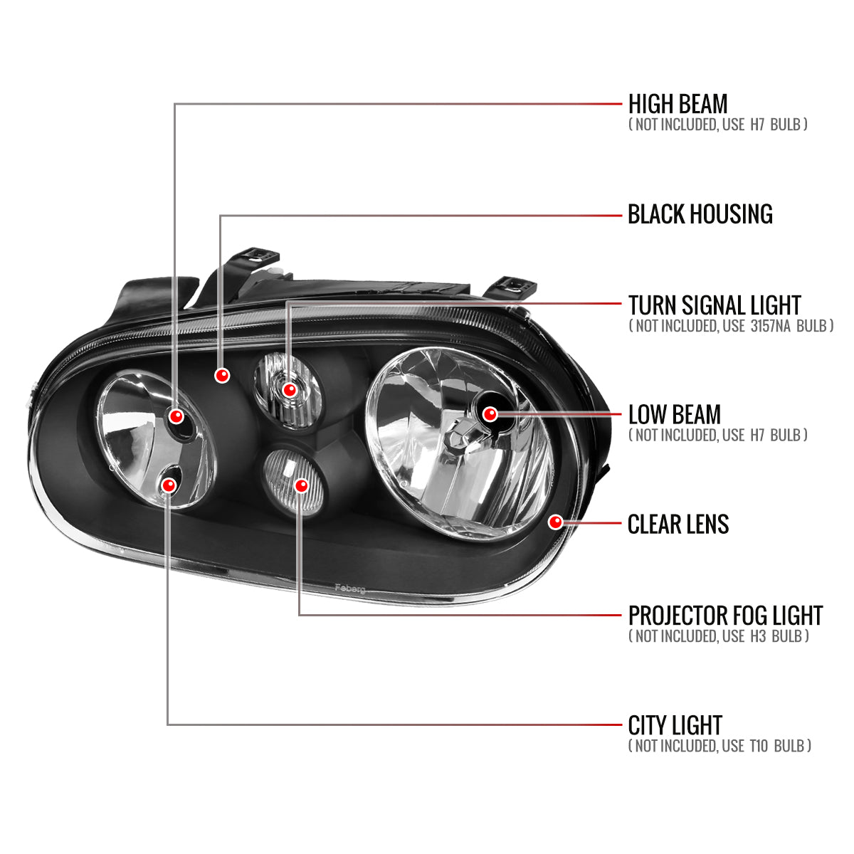 1999-2006 Volkswagen Golf Mk4 GTI/R32 Cabrio V2 Factory Style Headlights (Matte Black Housing/Clear Lens)