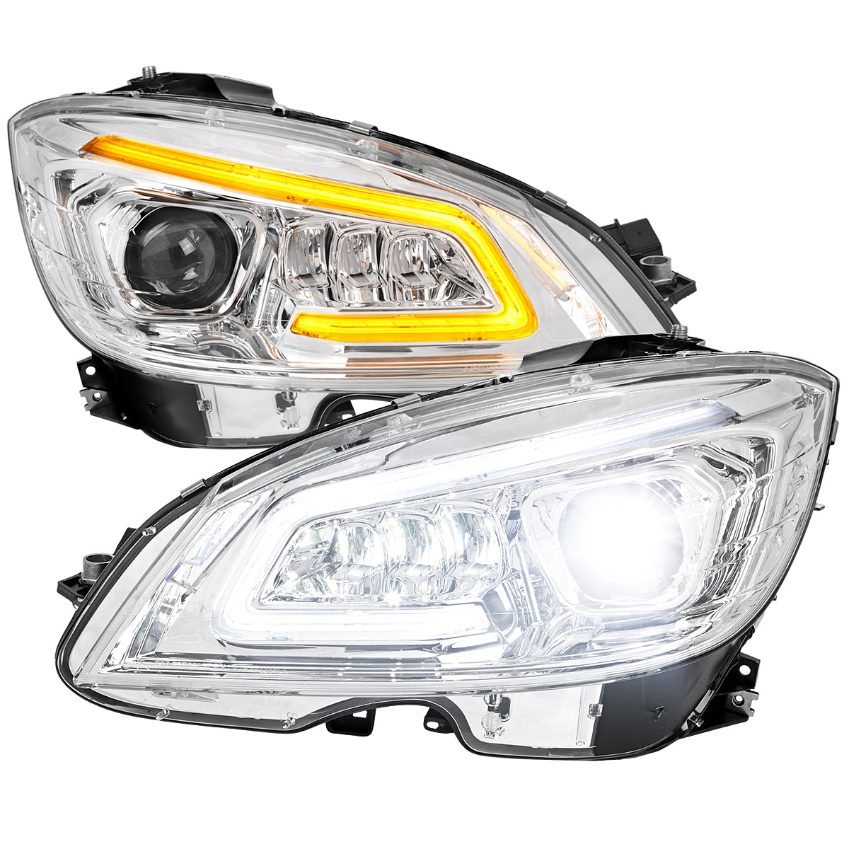 2008-2011 Mercedes Benz W204 C-Class Switchback Sequential Full LED Projector Headlights (Chrome Housing/Clear Lens)