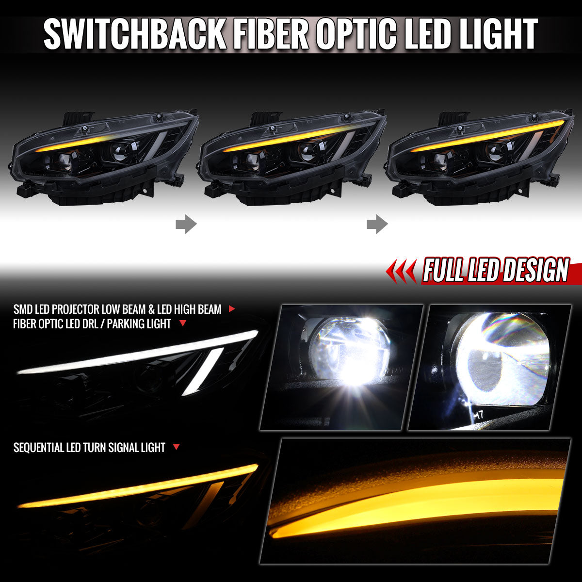 2016-2021 Honda Civic Full LED Projector Headlights w/ Switchback LED Sequential Turn Signals DRL Parking Strip (Glossy Black Housing / Smoked Lens)