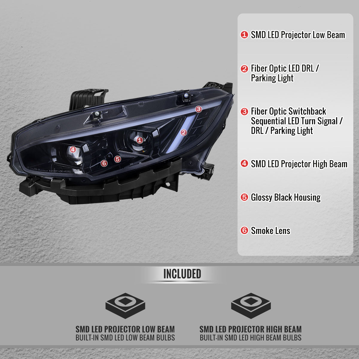 2016-2021 Honda Civic Full LED Projector Headlights w/ Switchback LED Sequential Turn Signals DRL Parking Strip (Glossy Black Housing / Smoked Lens)
