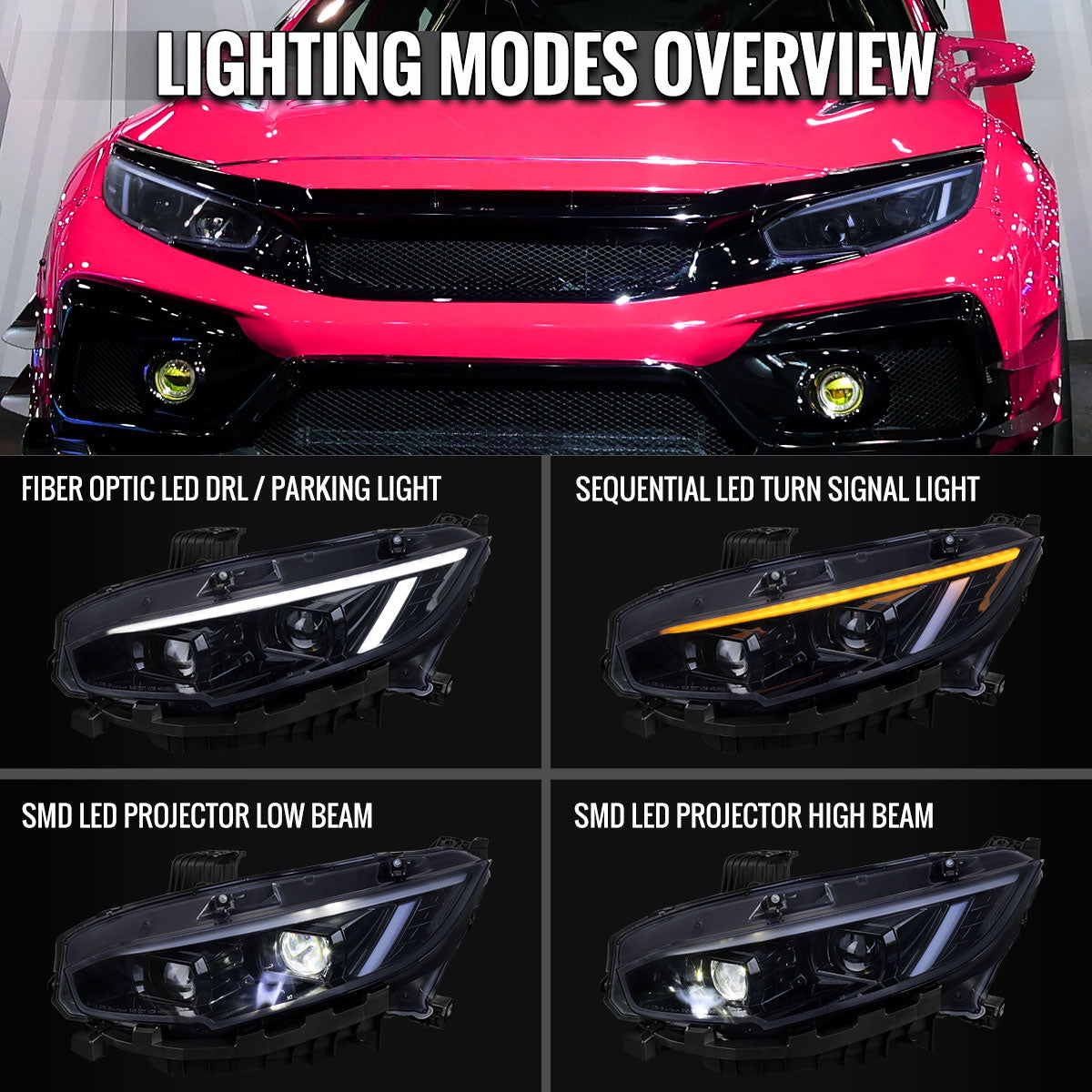 2016-2021 Honda Civic Full LED Projector Headlights w/ Switchback LED Sequential Turn Signals DRL Parking Strip (Glossy Black Housing / Smoked Lens)