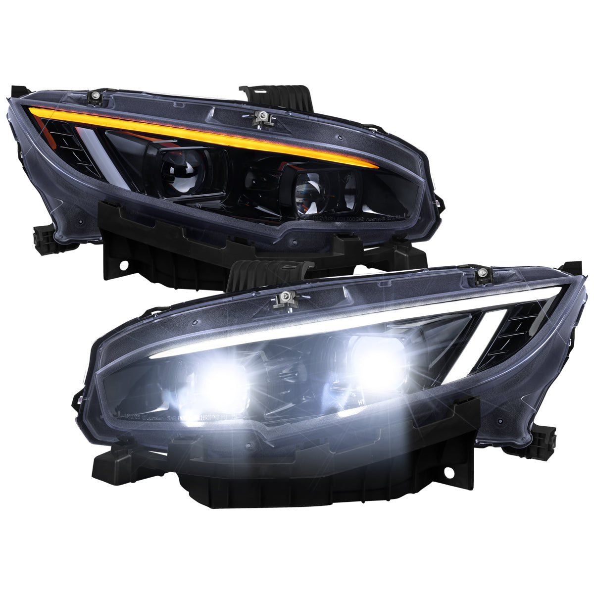 2016-2021 Honda Civic Full LED Projector Headlights w/ Switchback LED Sequential Turn Signals DRL Parking Strip (Glossy Black Housing / Smoked Lens)