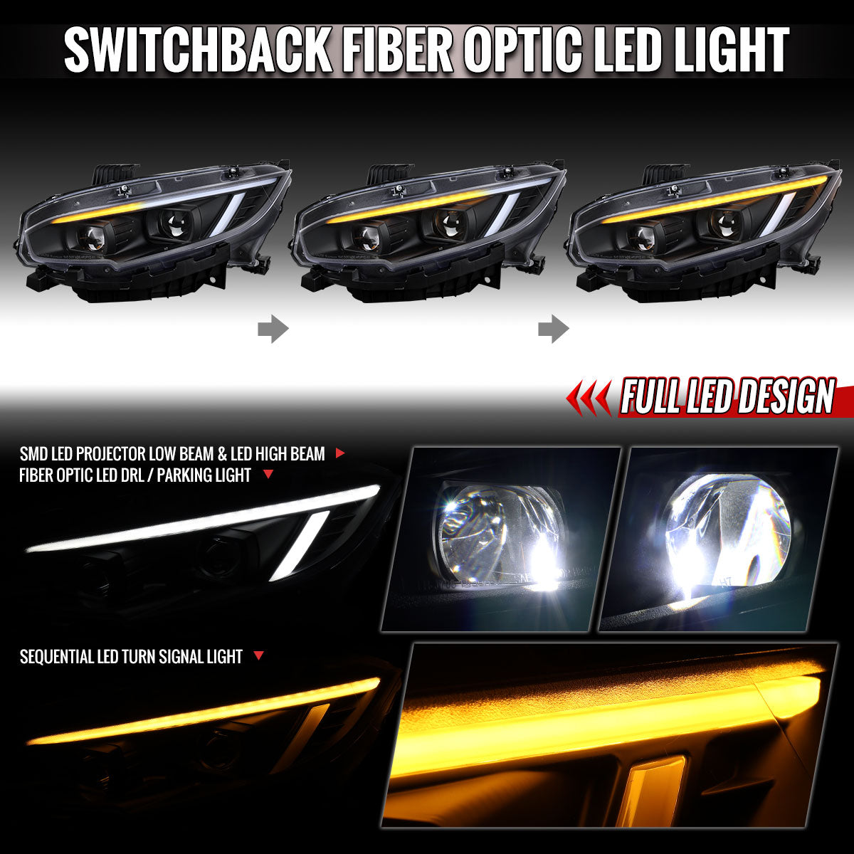 2016-2021 Honda Civic Full LED Projector Headlights w/ Switchback LED Sequential Turn Signals DRL Parking Strip (Matte Black Housing / Clear Lens)