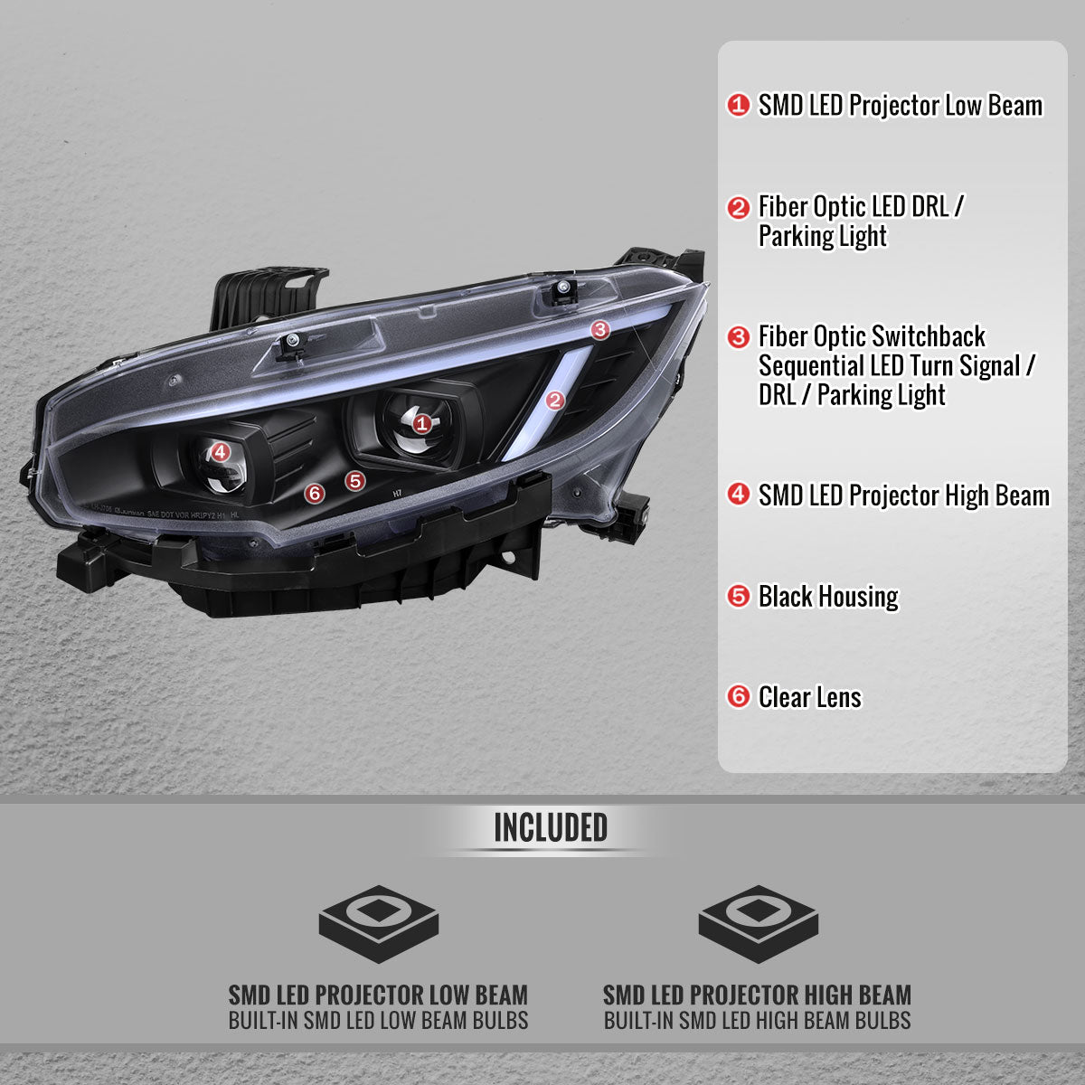 2016-2021 Honda Civic Full LED Projector Headlights w/ Switchback LED Sequential Turn Signals DRL Parking Strip (Matte Black Housing / Clear Lens)